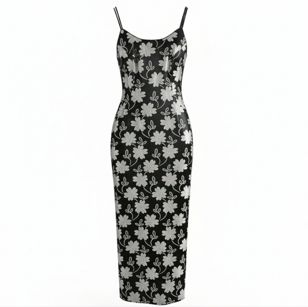 VTG JS Collections Maxi Length Formal Dress Black Size 4 Metallic Glam